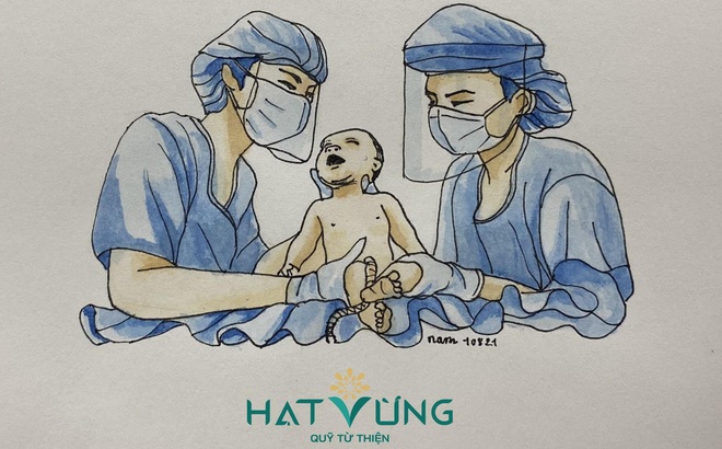 Em bé sinh ra trong khu điều trị covid. Tranh của tác giả Nguyễn Thanh Nam, phỏng theo ảnh của Nghệ sĩ nhiếp ảnh Nguyễn Á.