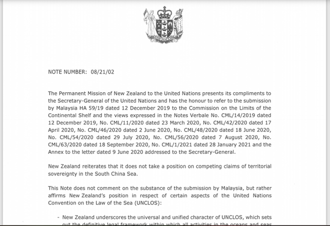 New Zealand gửi công hàm lên Liên Hợp Quốc bác bỏ yêu sách quyền lịch sử ở Biển Đông - Ảnh 1.