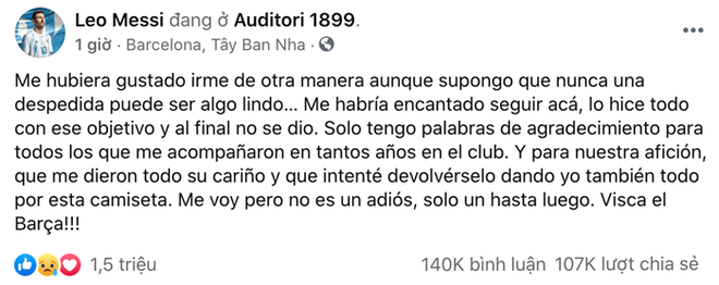 Messi lần đầu lên tiếng sau lễ chia tay Barcelona, thu về lượng tương tác khủng trên MXH - Ảnh 1.