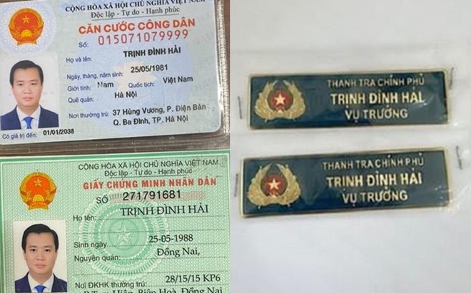 Trịnh Đình Hải và bảng tên "dỏm". Ảnh: Tiền Phong