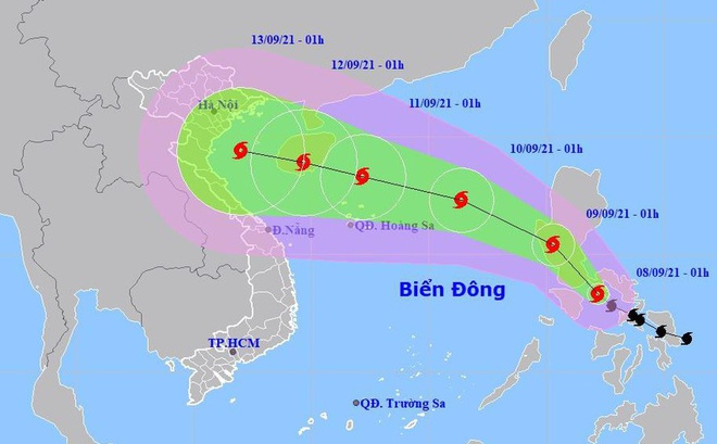 Dự báo đường đi và vùng ảnh hưởng của bão Côn Sơn. Đồ họa: Trung tâm Dự báo Khí tượng Thủy văn Quốc gia.