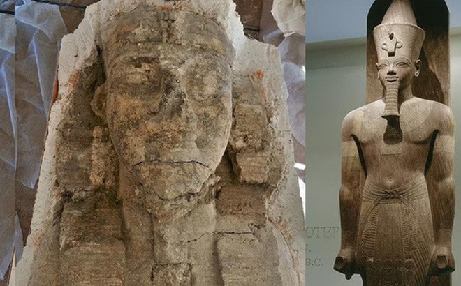 Tượng nhân sư (trái) và một bức tượng khác của Amenhotep III, nguyên vẹn hơn nhưng có thể kém chi tiết hơn so với nhân sư - Ảnh: Bộ Du lịch và Cổ vật Ai Cập
