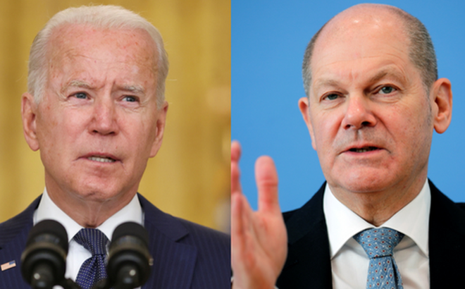 Tổng thống Mỹ Joe Biden (trái) và Thủ tướng Đức Olaf Scholz - Ảnh chụp màn hình INQUIRER.NET
