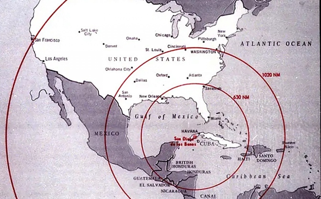 Tầm bắn của tên lửa hạt nhân bố trí trên lãnh thổ Cuba năm 1962. Đồ họa: Thư viện JFK.