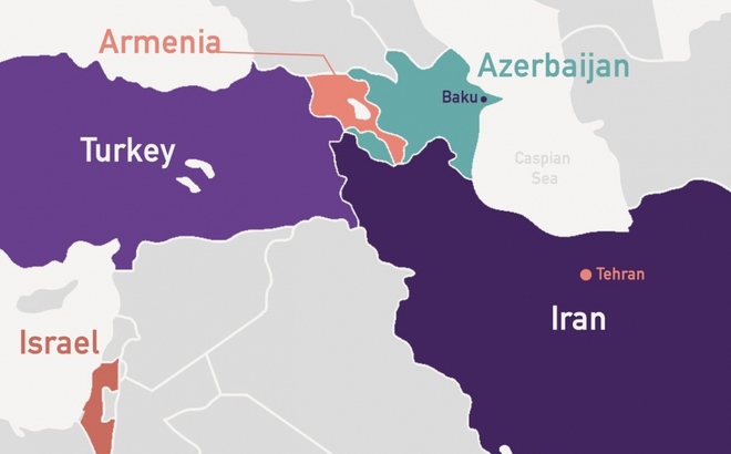 Bản đồ các nước Iran, Israel, Azerbaijan, Armenia. Đồ họa: AzerNews.