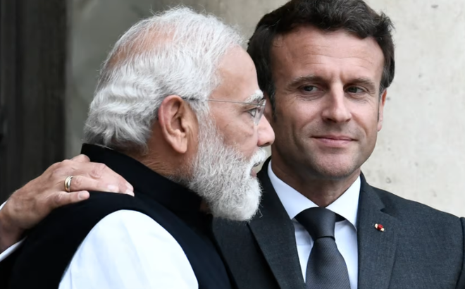 Tổng thống Pháp Emmanuel Macron và Thủ tướng Ấn Độ Narendra Modi tại Điện Elysee ở Paris, ngày 4/5/2022. Ảnh: AFP/Getty Images