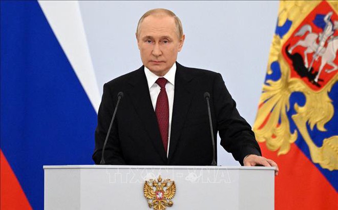 Tổng thống Nga Vladimir Putin phát biểu tại lễ ký các văn kiện sáp nhập 4 vùng lãnh thổ ở Ukraine, gồm Lugansk, Donetsk, Kherson và Zaporizhzhia vào Nga, tại Moskva ngày 30/9. Ảnh: AFP/TTXVN