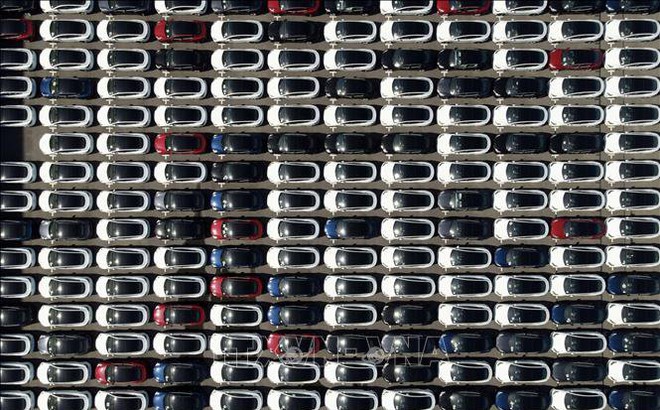 Xe ô tô nhập khẩu trong đó có xe ô tô điện Tesla tại Cảng Đài Bắc, Đài Loan, Trung Quốc. Ảnh tư liệu: AFP/TTXVN
