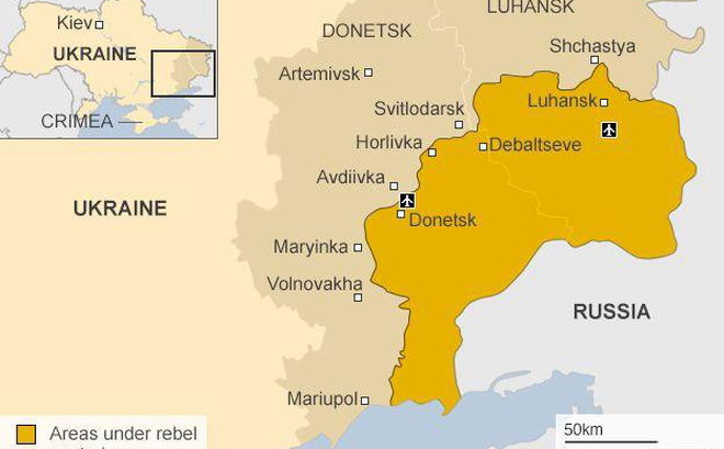 Các nước Cộng hoà tự xưng Donetsk và Luhansk ở miền Đông Ukraine, nơi có nhiều người gốc Nga sinh sống. Ảnh: BBC
