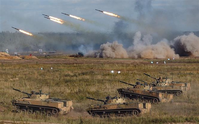 Lực lượng vũ trang Nga và Belarus tham gia cuộc tập trận chung "Zapad-2021" tại tỉnh Nizhny Novgorod, cách thủ đô Moskva (Nga) khoảng 350km về phía Đông. Ảnh: AFP/TTXVN