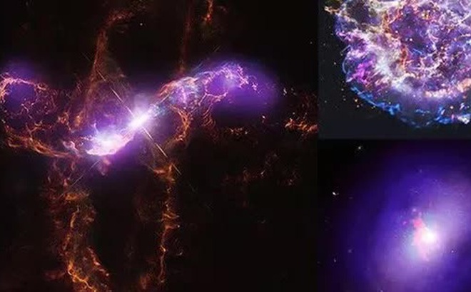 R Aquarii (trái), Cassiopeia A (phía trên bên phải) và Abell 2597 (phía dưới bên phải), những vật thể đang phát ra tia X dữ dội mà mắt người không nhìn thấy - Ảnh: NASA/STScI/NRAO/VLA/CXC/SAO