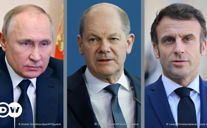 Tổng thống Nga Vladimir Putin, Thủ tướng Đức Olaf Scholz và Tổng thống Pháp Emmanuel Macron. Ảnh: DW