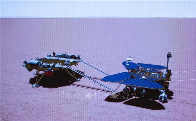 Hình ảnh mô phỏng tàu thăm dò Sao Hỏa Chúc Dung đáp xuống bề mặt Sao Hỏa ngày 22/5/2021. Ảnh tư liệu: THX/TTXVN