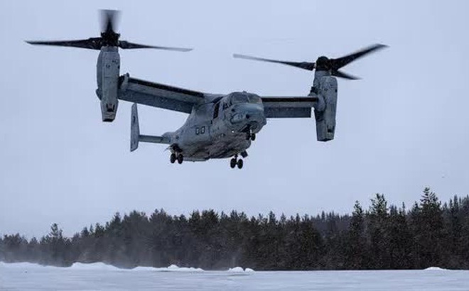 Một chiếc MV-22B Osprey của thủy quân lục chiến Mỹ hạ cánh tại căn cứ của Na Uy ở Setermoen ngày 2-3. Ảnh: Thủy quân lục chiến Mỹ