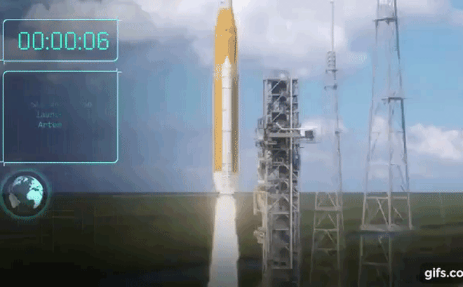 Hình ảnh mô phỏng tên lửa mạnh nhất thế giới SLS của Mỹ bay lên không gian. Ảnh: NASA