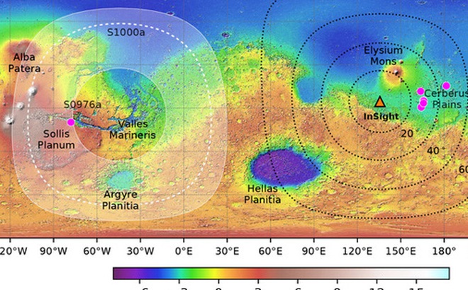 Nếu nối vị trí của Insight và vị trí xảy ra động đất vào tâm của hành tinh thì sẽ tạo thành một góc khoảng 40 độ - Ảnh: NASA