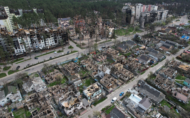 Quang cảnh đổ nát tại thị trấn Irpin, ngoại ô thủ đô Kiev, Ukraine, ngày 29/4/2022. Ảnh: New York Post