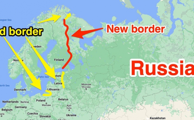Đường màu vàng là biên giới hiện nay giữa Nga và NATO, trong khi đường màu đỏ sẽ là biên giới tăng thêm giữa 2 bên sau khi Phần Lan và Thụy Điển gia nhập liên minh quân sự này. Ảnh: Insider