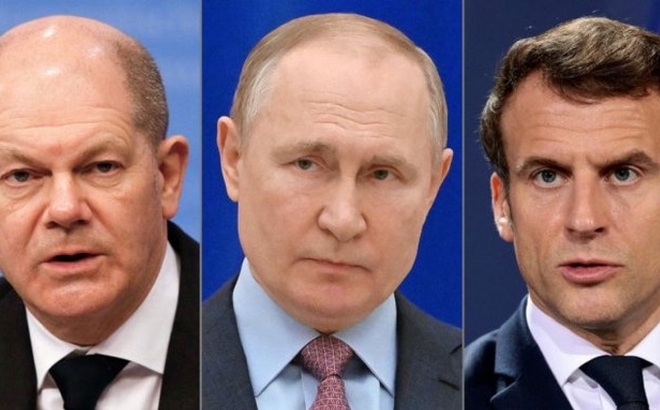 Thủ tướng Đức Olaf Scholz, Tổng thống Nga Vladimir Putin và Tổng thống Pháp Emmanuel Macron. Ảnh: AFP