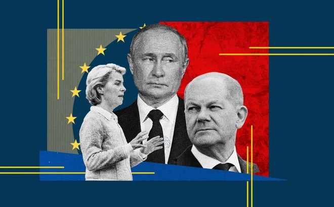 Chủ tịch EC Ursula von der Leyen, Tổng thống Nga Vladimir Putin,Thủ tướng Đức Olaf Scholz là những người đóng vai trò quan trọng trong các chính sách xung quanh sự phụ thuộc của châu Âu vào dầu Nga. Ảnh: NBC News