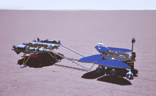 Mô phỏng robot thăm dò Chúc Dung lăn bánh trên sao Hỏa. (Ảnh: CNSA)