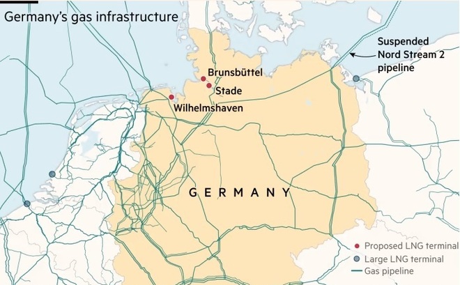 Ba địa điểm dự kiến (chấm đỏ) đặt các trạm nhập khẩu LNG tại Đức. Ảnh: FT