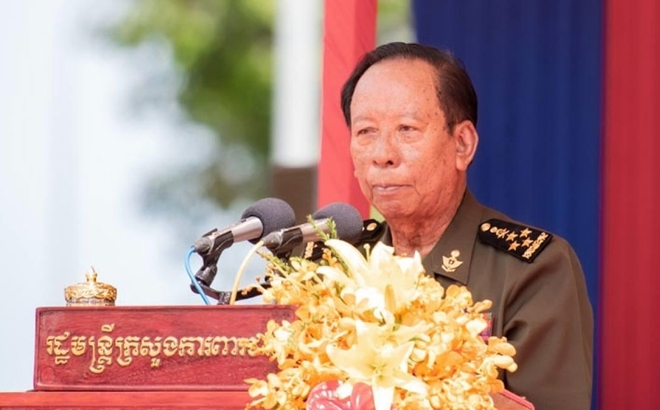 Bộ trưởng Quốc phòng Campuchia Tea Banh phát biểu tại buổi lễ. (Nguồn; Khmer Times)