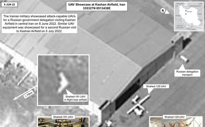 Ảnh vệ tinh về các UAV có năng lực tấn công trên sân bay ở Iran vào tháng 6/2022. Nguồn: Chính phủ Mỹ.