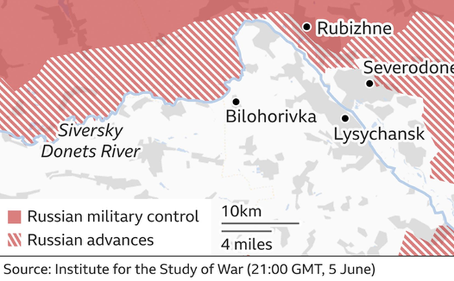 Nga đang nỗ lực giành quyền kiểm soát Lysychansk sau khi kiểm soát thành phố "sinh đôi" Sievierodonetsk. Ảnh: BBC