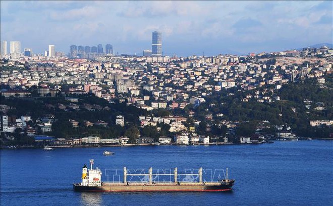 Tàu chở ngũ cốc của Ukraine đi qua Eo biển Bosphorus ở Istanbul, Thổ Nhĩ Kỳ, ngày 7/8/2022. Ảnh: THX/TTXVN