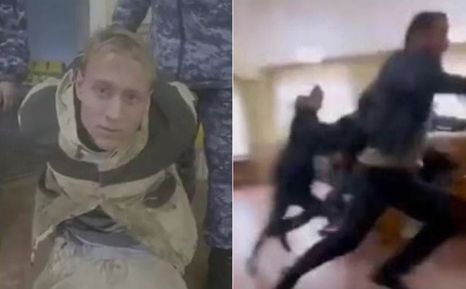 Ảnh chụp màn hình từ video cho thấy nghi phạm nổ súng (bên trái) và tình trạng hỗn loạn ở văn phòng tuyển quân tại tỉnh Irkutsk, Siberia - Ảnh: ST
