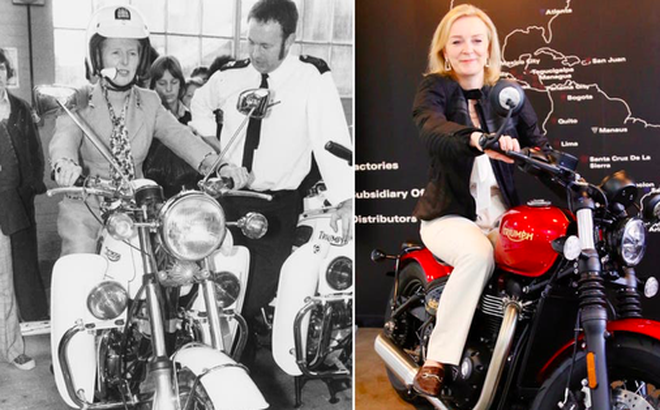 Bức ảnh bà Liz Truss chụp trên xe mô-tô gợi nhớ đến bức ảnh của nữ thủ tướng đầu tiên của Anh Margaret Thatcher (phải). (Ảnh: Getty)