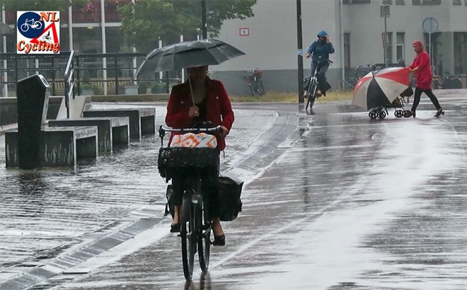 Người dân Hà Lan đạp xe đội mưa đi làm.