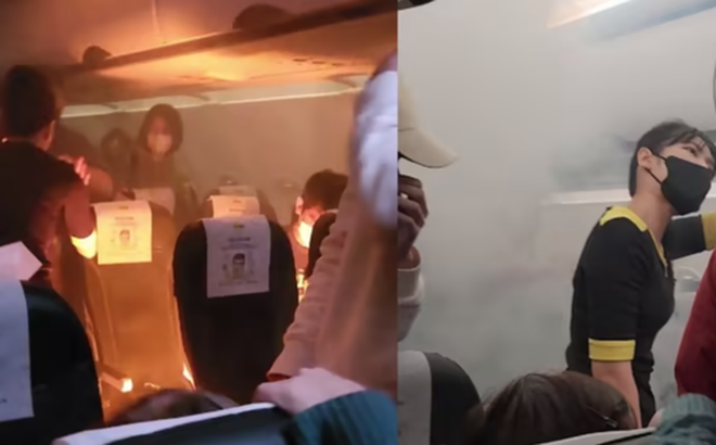 Một cục sạc dự phòng bốc cháy trên chuyến bay của hãng hàng không Scoot từ Đài Loan đến Singapore vào ngày 10-1 - Ảnh: CHANNEL NEWS ASIA