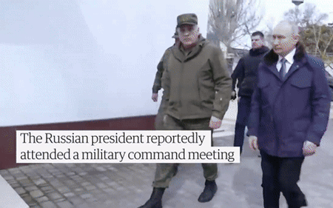Ông Putin đến thăm các trụ sở quân sự của Nga ở khu vực Kherson và Lugansk do Nga kiểm soát một phần hồi tháng 4 năm nay. Nguồn: Guardian
