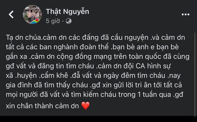 Chia sẻ của mẹ cháu T. về thông tin đã tìm được con