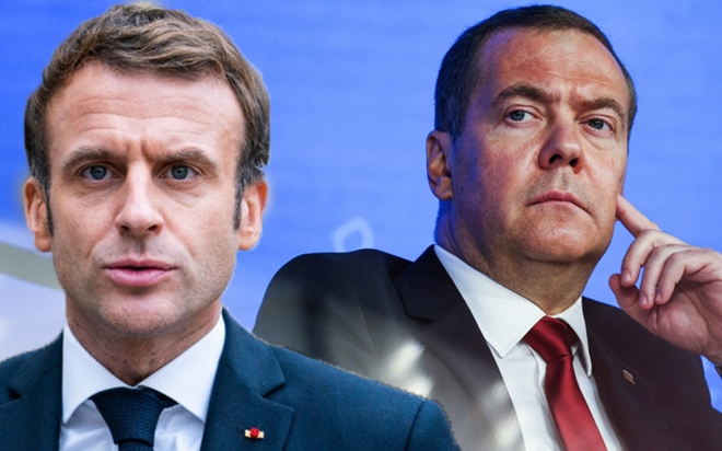 Tổng thống Pháp Emmanuel Macron (trái) và Phó Chủ tịch Hội đồng An ninh Nga Dmitry Medvedev 