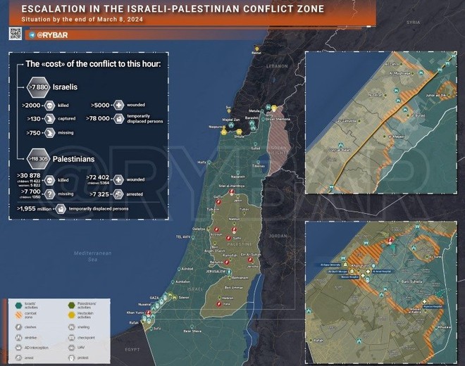 Bản đồ xung đột Israel - Hamas ngày 8/3. (Ảnh: Rybar)