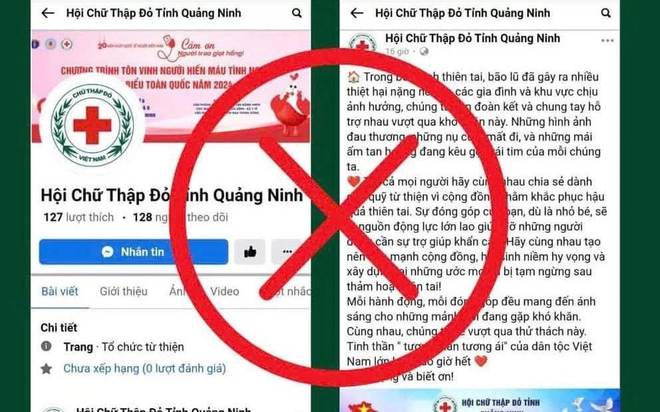 Fanpage giả mạo Hội Chữ thập đỏ tỉnh Quảng Ninh để lừa đảo kêu gọi quyên góp ủng hộ người dân vùng bão.

