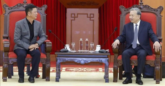 Tổng Bí thư Tô Lâm tiếp ông Vương Lai Thắng, Phó chủ tịch Luxshare -ICT. Ảnh: TTXVN