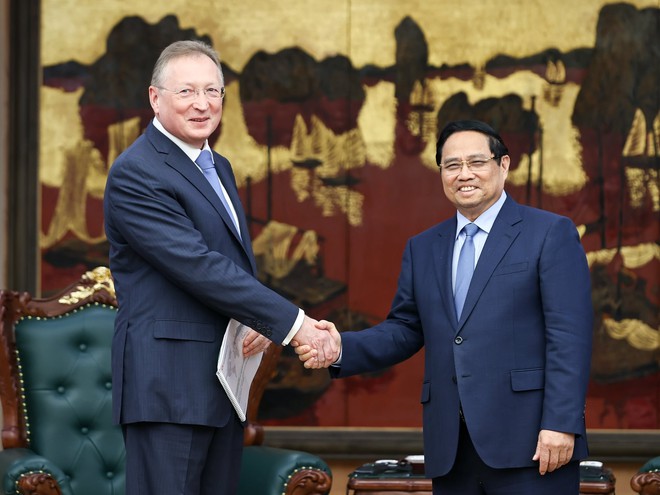 Thủ tướng Phạm Minh Chính tiếp Tổng Giám đốc Tập đoàn Zarubezhneft (Liên bang Nga) Sergei Kudryashov. Ảnh: VGP