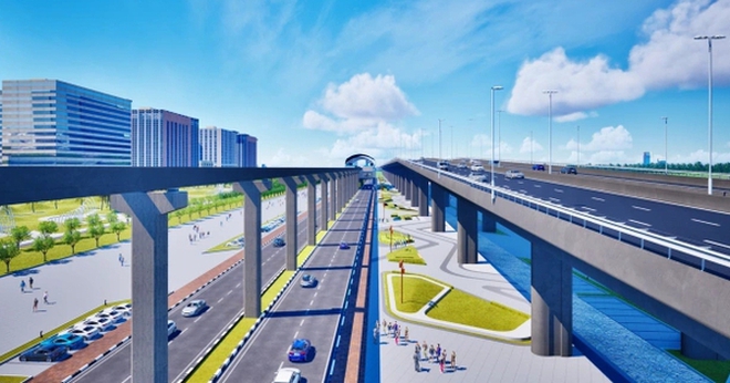 Phối cảnh của tuyến monorail đi trên cao bên cạnh đại lộ cảnh quan sông Hồng. Ảnh: ĐVTK

