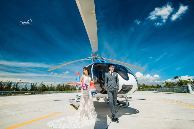 Ảnh cưới sang chảnh trên trực thăng của cặp đôi Hà Thành - Ảnh 4.