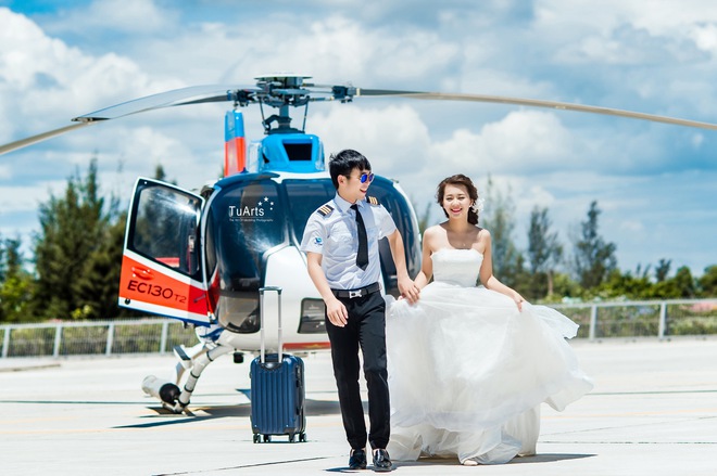 Ảnh cưới sang chảnh trên trực thăng của cặp đôi Hà Thành - Ảnh 2.