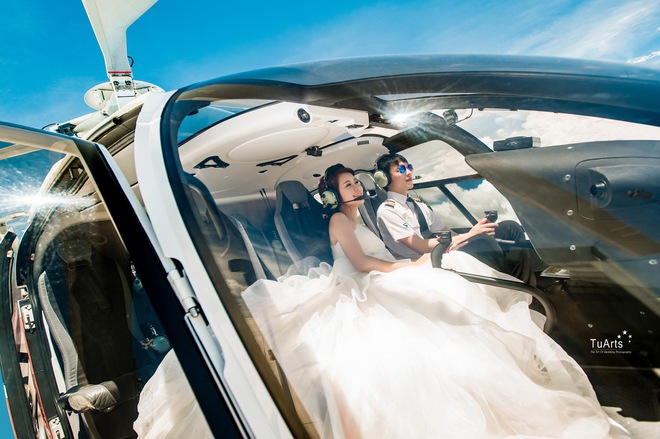 Ảnh cưới sang chảnh trên trực thăng của cặp đôi Hà Thành - Ảnh 6.