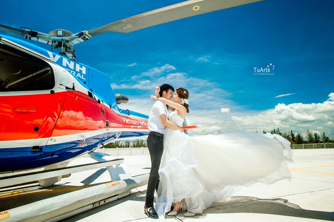 Ảnh cưới sang chảnh trên trực thăng của cặp đôi Hà Thành - Ảnh 7.