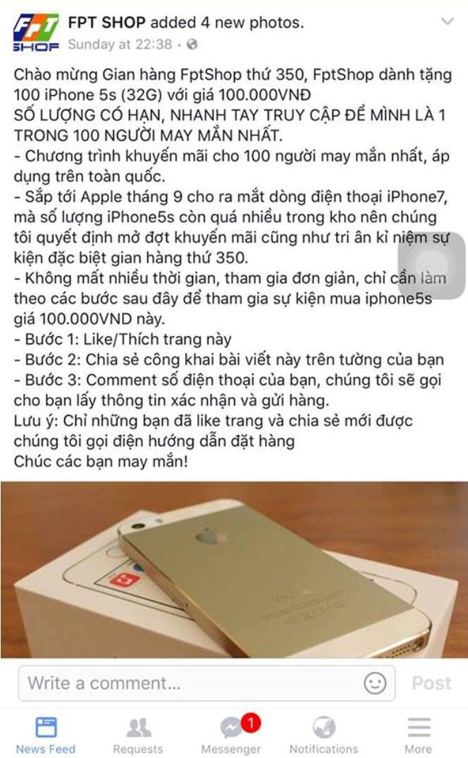 Sự thật FPT Shop bán iPhone 5s giá chỉ 100.000 đồng - Ảnh 1.