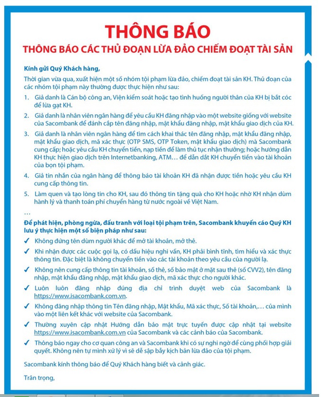 Sacombank cảnh báo tình trạng lừa đảo chiếm đoạt tài sản - Ảnh 1.