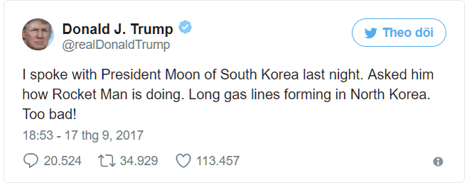 Tổng thống Trump lên Twitter gọi lãnh đạo Triều Tiên Kim Jong Un là Người tên lửa - Ảnh 1.