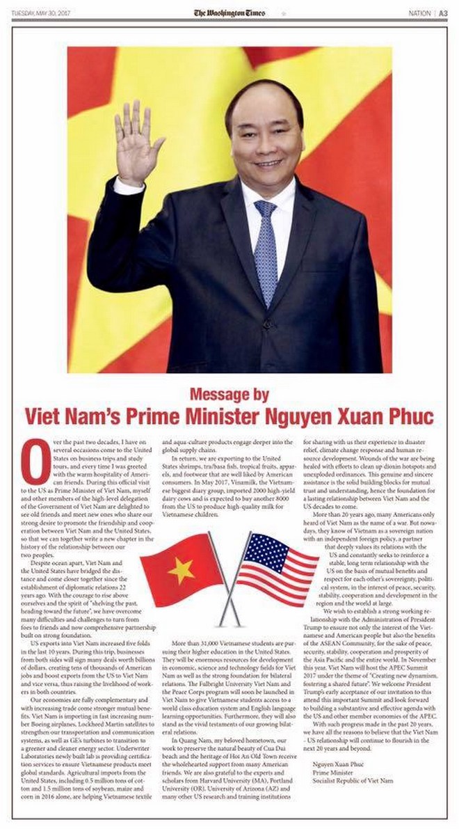 Thông điệp của Thủ tướng Nguyễn Xuân Phúc trên The Washington Times - Ảnh 1.